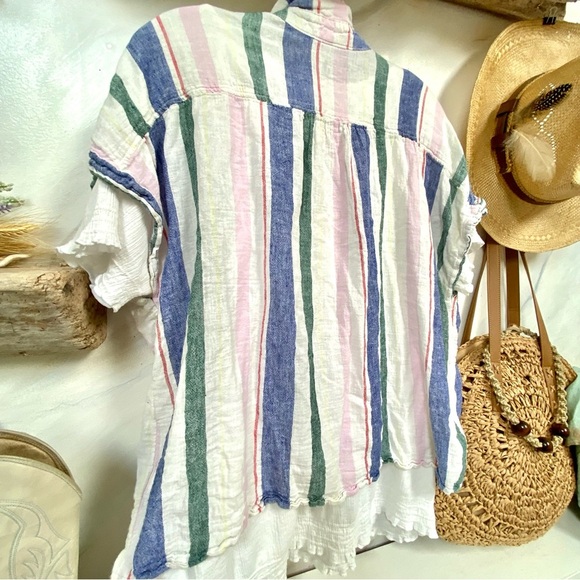 Comfy LINEN boho sleeveless blouse in trendy pastel stripes-cottage/resort vibe - Picture 9 of 13